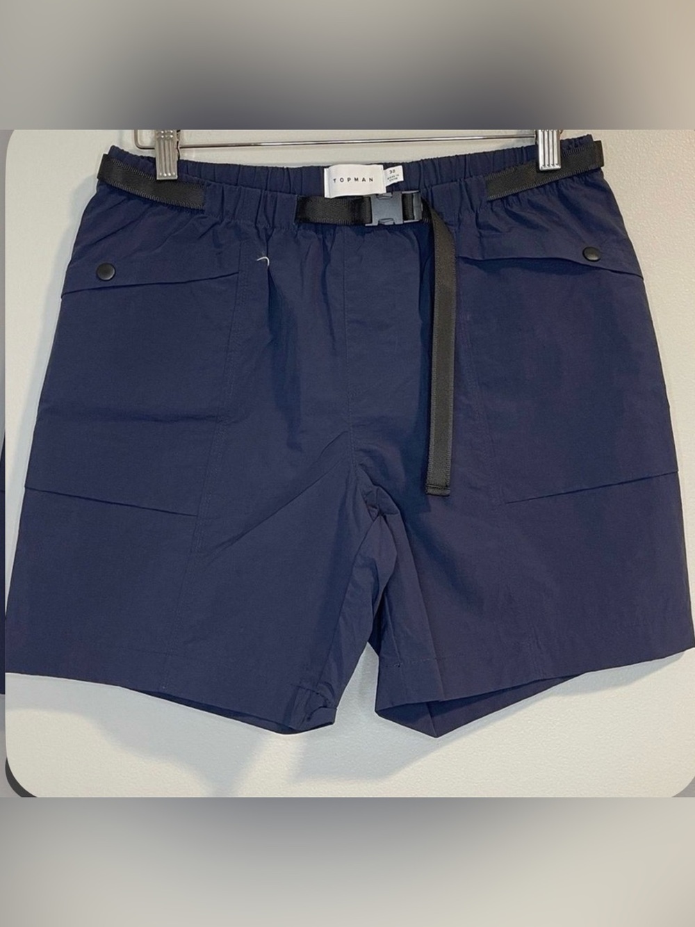 Topshop Men's Navy Athletic Shorts with Black Built-In Belt